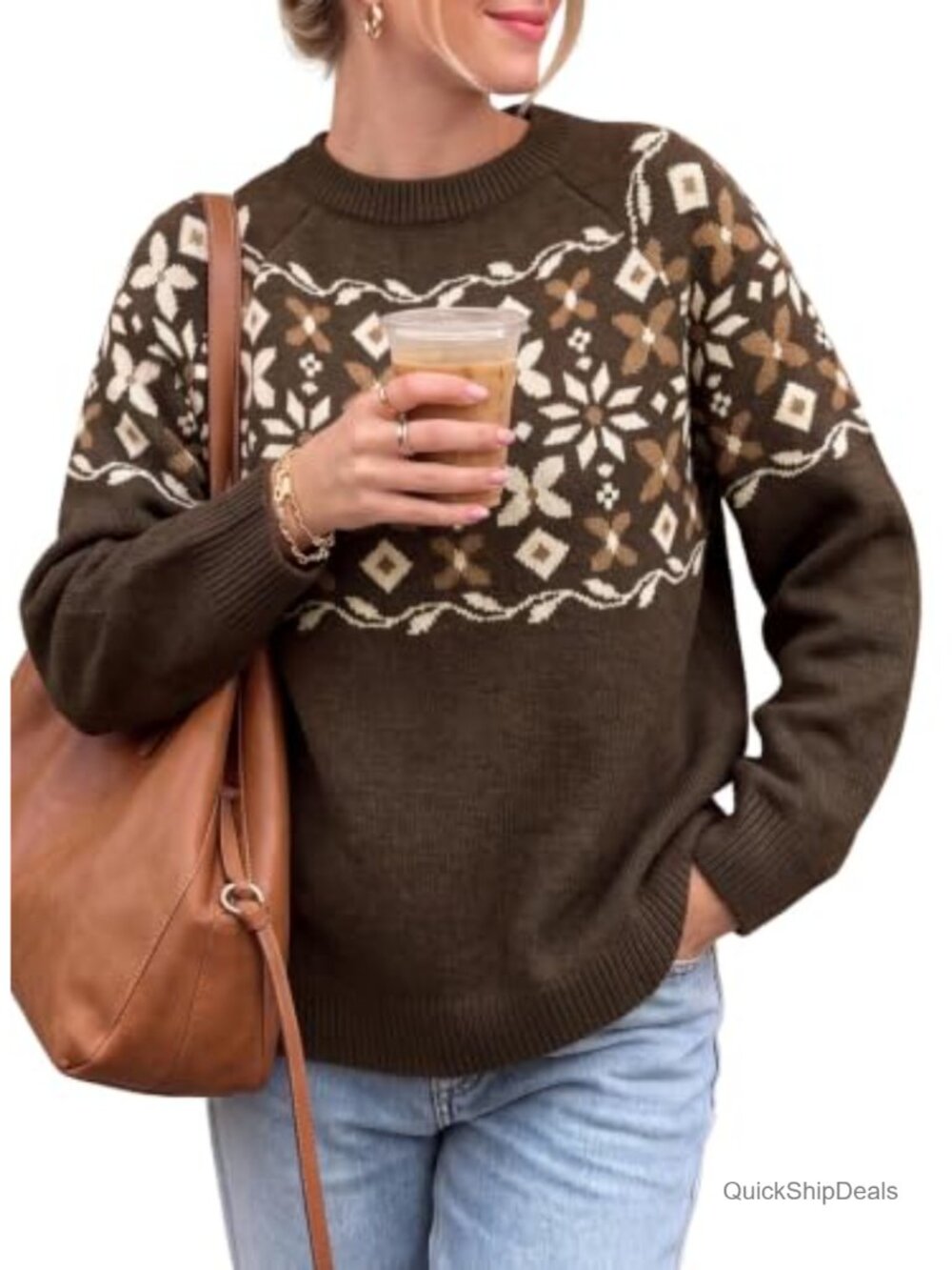 Fair Isle Patterned Crew Neck Long Sleeve Pullover Sweater